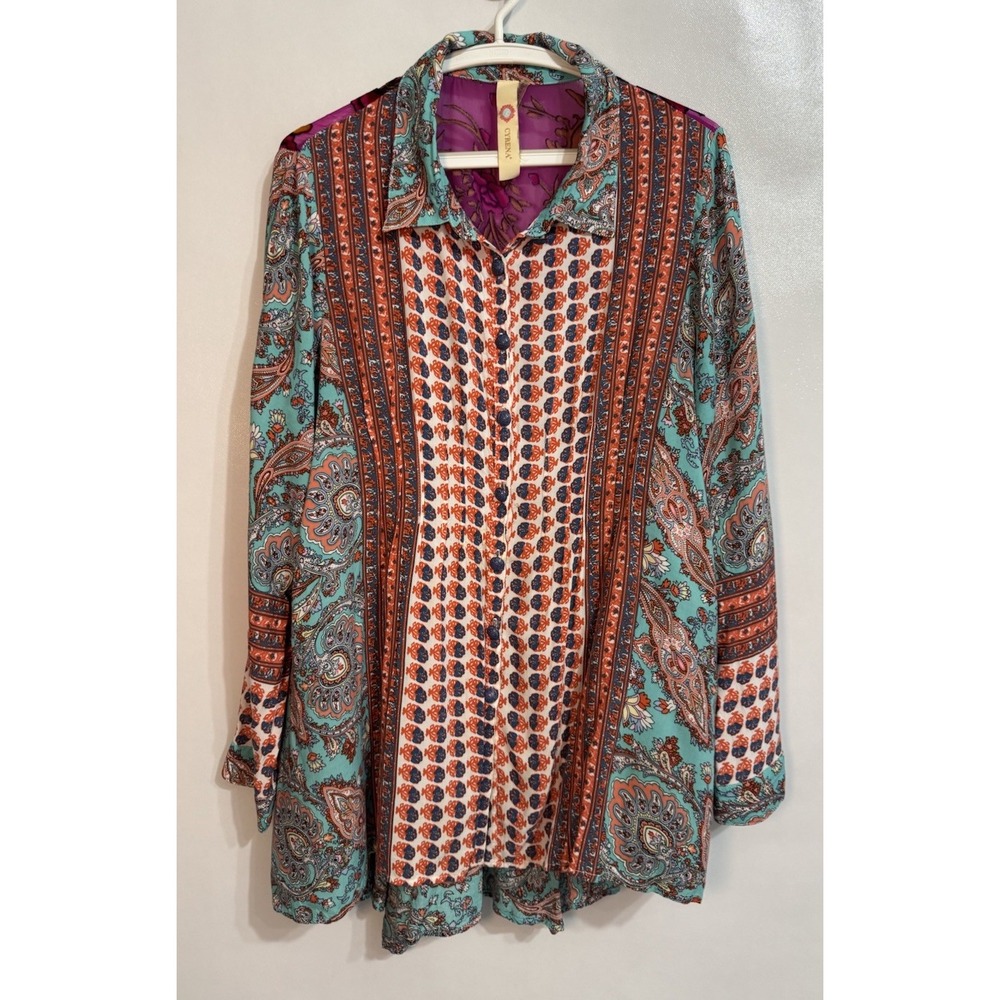Cyrena Size Large Mixed Media Floral Button Tunic Hi Low Artsy Festival